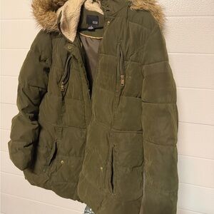 a.n.a Khaki Puffer Jacket with Faux Fur Trim